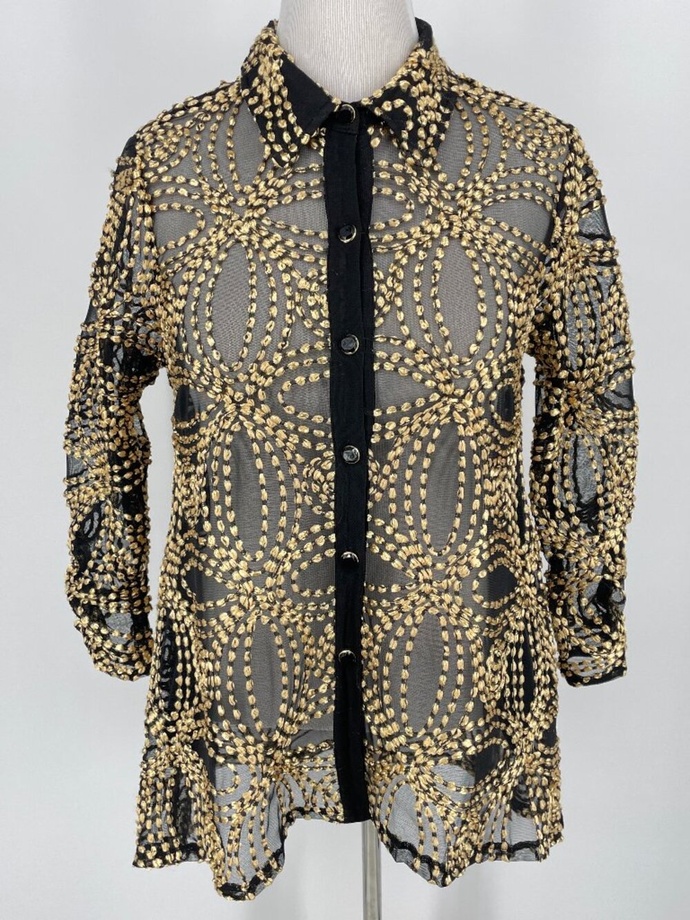 Berek Sheer Metallic Gold Embroidered Tunic High-Low Statement Top S